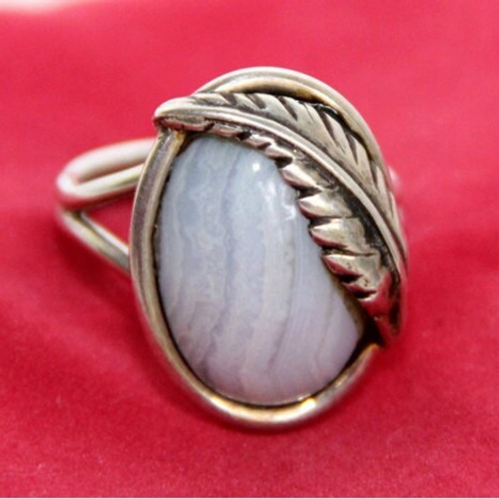 Sterling Silver Blue Lace Agate Leaf Ring Women 7.5 8 Vintage Western Retro Boho